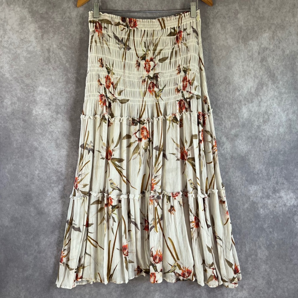 AllSaints Ellie Dorada Maxi Skirt Womens US 4 Cream Floral Smocked Tiered Boho